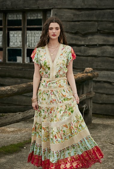 Großhändler Last Queen - Langes Kleid mit V-Ausschnitt, Spitze, Bohemian-Print mit Vergoldungseffekt