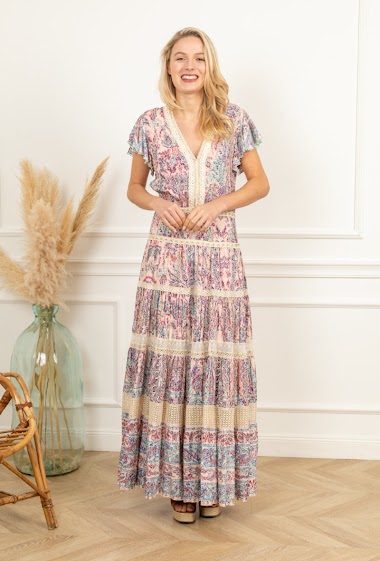 Wholesaler Last Queen - Long V-neck dress with lace, bohemian print with gilding effect