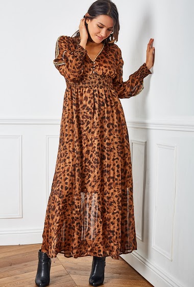 Long panther printed dress with LUREX and embroidered pearls on the sleeves