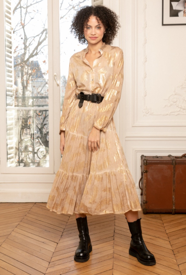 Großhändler Last Queen - Locker geschnittenes langes Kleid mit Raffungen, bedruckt mit Goldeffekt