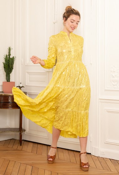 Großhändler Last Queen - Locker geschnittenes langes Kleid mit Raffungen, bedruckt mit Goldeffekt