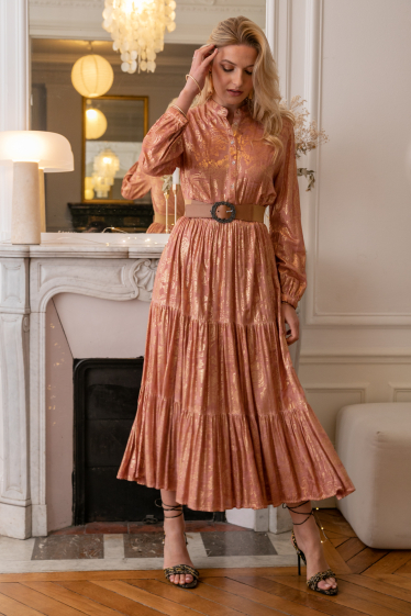 Wholesaler Last Queen - Loose fit long dress with gathers, printed with gold effect