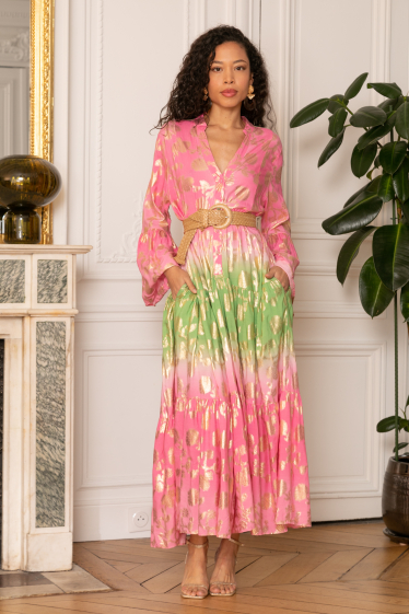 Wholesaler Last Queen - Long flared cut dress with gold print, buttoned at the front with gathers