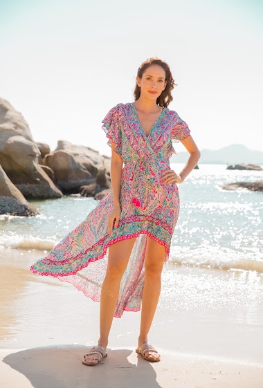 Wholesaler Last Queen - Long crossover dress fitted at the waist in a bohemian print with bells