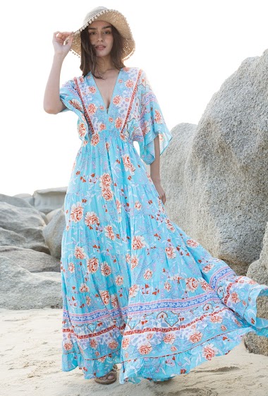 Wholesaler Last Queen - Bohemian print backless long dress with pompoms