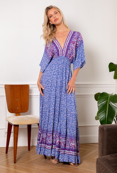 Wholesaler Last Queen - Bohemian print backless long dress with pompoms