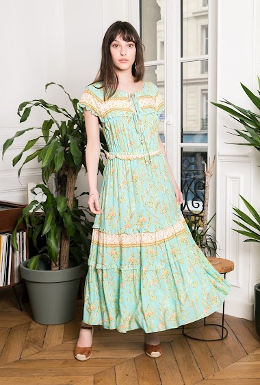 Großhändler Last Queen - Langes Kleid mit Bohème-Print, in der Taille mit Flügelärmel eingeknotet