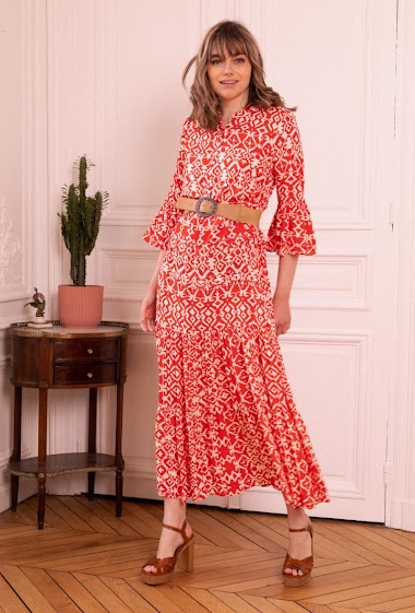 Wholesaler Last Queen - Long floral dress with tie, buttoned in front with gathers