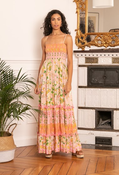 Wholesaler Last Queen - Long bohemian print dress with pompoms with gold effect