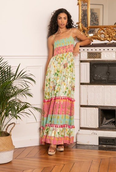 Long bohemian print dress with pompoms with gold effect