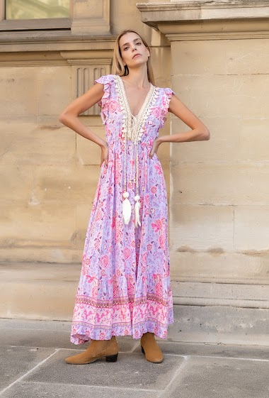 Wholesaler Last Queen - Long bohemian print dress with pompoms and lace