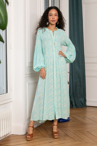 Großhändler Last Queen - Langes bedrucktes Kleid mit elastischem Rumpf, Knopfleiste vorne und Laternenärmeln