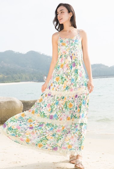 Wholesaler Last Queen - Liberty long dress with thin straps, flared cut with ruffle