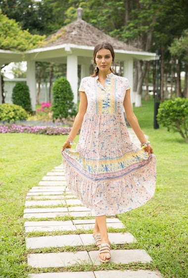 Wholesaler Last Queen - Long pleated dress with floral print, buttoned front with cap sleeve