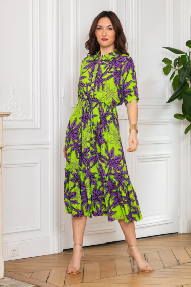 Großhändler Last Queen - Langes Hemdblusenkleid mit Tropical-Print, lockerer Schnitt mit Raffungen