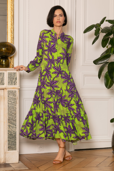 Grossiste Last Queen - Robe longue style chemise à imprimé Tropical  ,coupe ample à fronces
