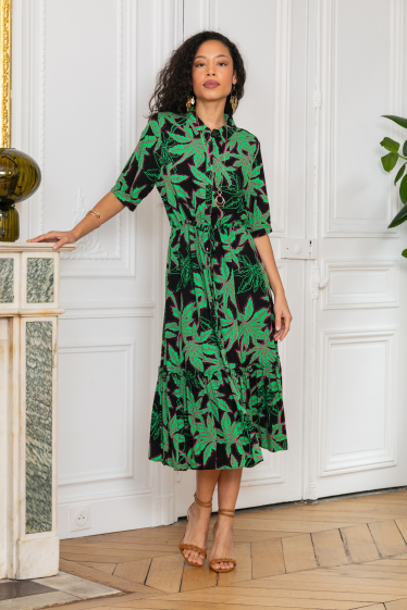 Wholesaler Last Queen - Long shirt-style dress with Tropical print, loose cut with gathers