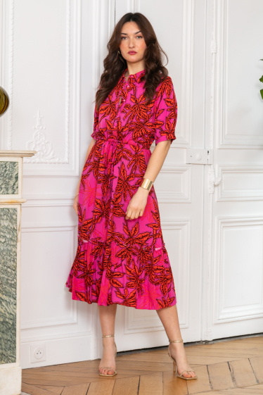 Großhändler Last Queen - Langes Hemdblusenkleid mit Tropical-Print, lockerer Schnitt mit Raffungen