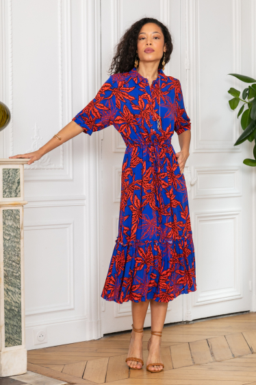 Wholesaler Last Queen - Long shirt-style dress with Tropical print, loose cut with gathers