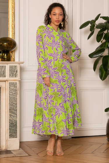 Grossiste Last Queen - Robe longue style chemise à imprimé Tropical  ,coupe ample à fronces