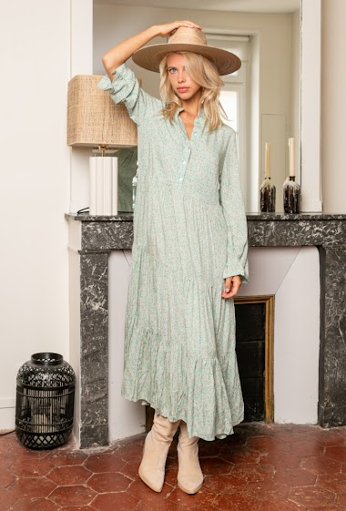 Wholesaler Last Queen - Long printed shirt-style dress loose fit with gathered
