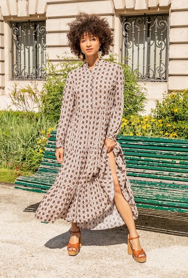 Long printed shirt-style dress loose fit with gathered
