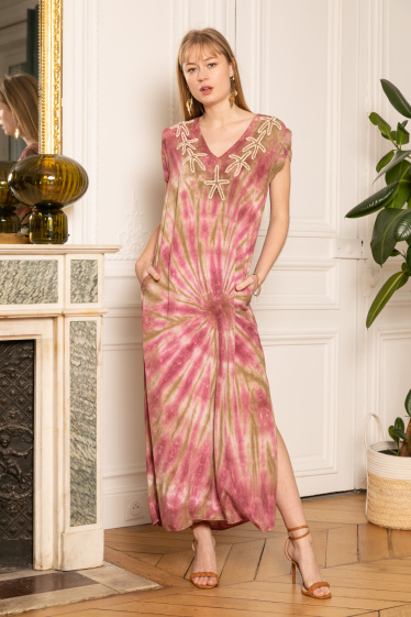 Wholesaler Last Queen - Long tie and dye dress with starfish embroidery, invisible pockets
