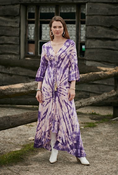 Wholesaler Last Queen - Long tie-dye dress, V neckline buttoned in front, elastic at the waist