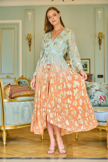 Wholesaler Last Queen - Long vaporous dress with lurex floral, flared cut with lining