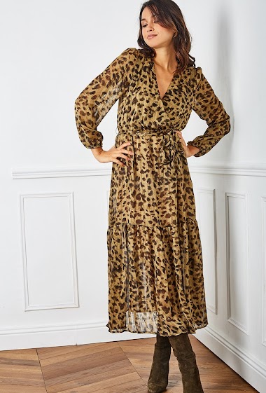 Wholesaler Last Queen - Long vaporous wrap dress with panther print, LUREX