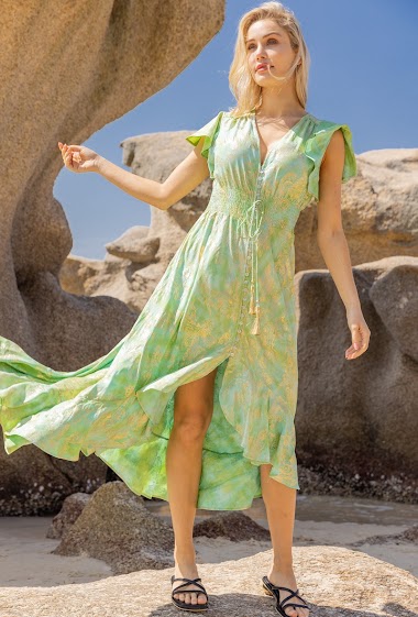 Langes, gerüschtes, bedrucktes Kleid mit Vergoldungseffekt, V-Ausschnitt vorne geknöpft
