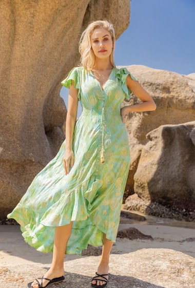 Long ruffled printed dress with gilding effect, V-neck buttoned in front