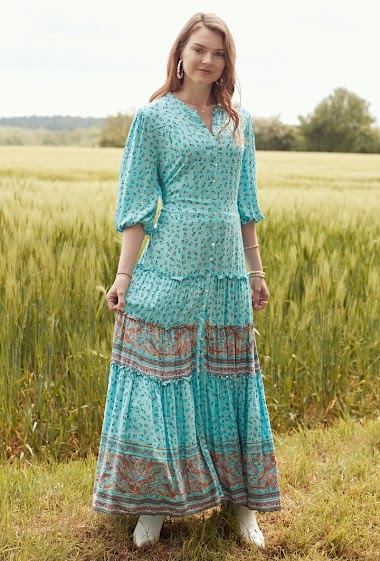 Wholesaler Last Queen - Long printed dress with tie tie, buttoned front, ruffles on the gathered skirt