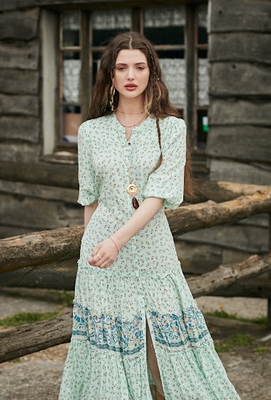 Wholesaler Last Queen - Long printed dress with tie tie, buttoned front, ruffles on the gathered skirt