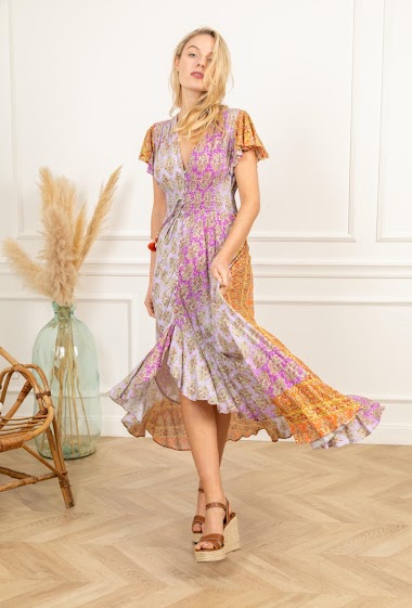 Wholesaler Last Queen - Long ruffled dress, two-tone degraded with gilding effect