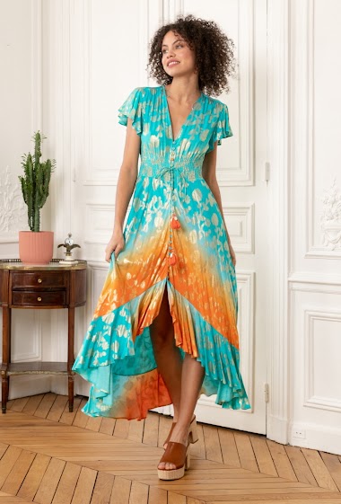 Großhändler Last Queen - Langes Rüschenkleid, zweifarbig degradiert mit Vergoldungseffekt