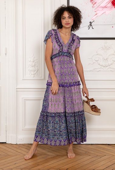 Long flared and flared dress with bohemian print and LUREX