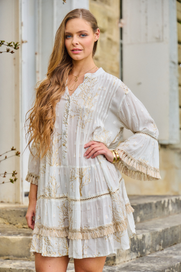 Wholesaler Last Queen - Mid-length dress with embroidery, gold print and fringe detail