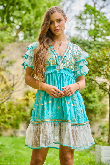 Wholesaler Last Queen - Tie and dye tunic dress embroidered with sequins, V neckline