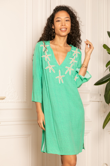 Wholesaler Last Queen - Mid-length dress embroidered with hand shells, V neckline