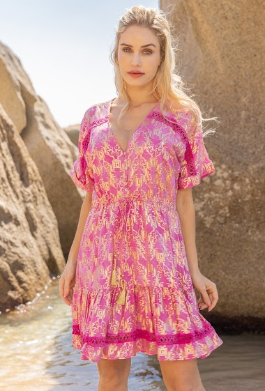 Mid-length dress printed with gilding effect, V-neck buttoned in front