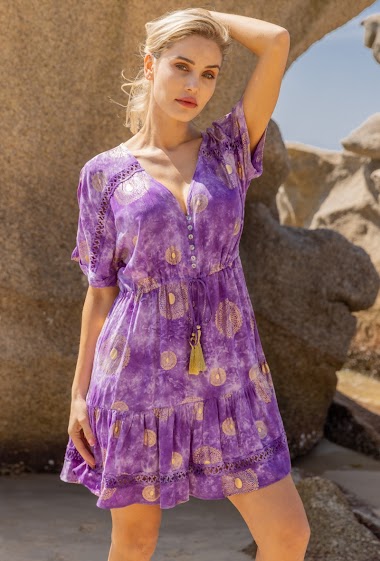 Wholesaler Last Queen - Mid-length dress printed with gilding effect, V-neck buttoned in front