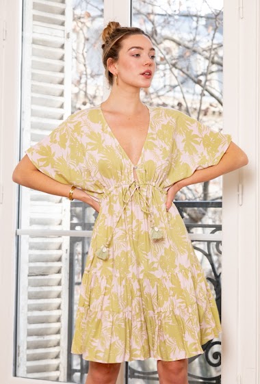 Großhändler Last Queen - Mittellanges Kleid mit Blumendruck, V-Ausschnitt mit Taillenschnürung