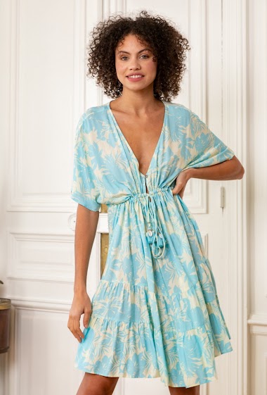 Mid-length floral print dress, V-neck with tightening at the waist