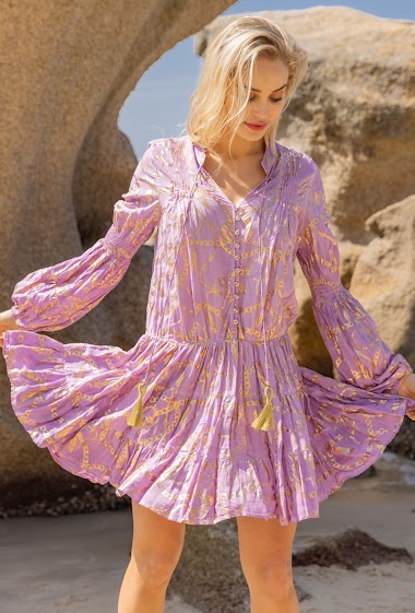 Wholesaler Last Queen - Mid-length printed dress with gilding effect, elastic puff sleeves