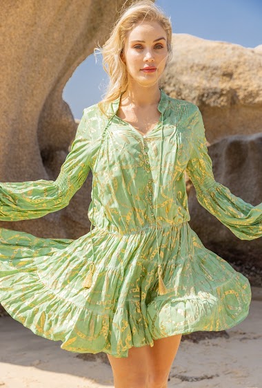 Mid-length printed dress with gilding effect, elastic puff sleeves