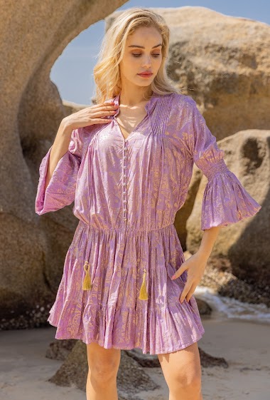 Mid-length printed dress with gilding effect, elastic puff sleeves