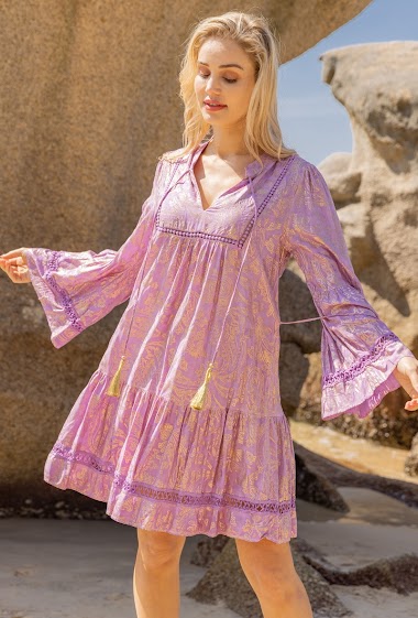 Wholesaler Last Queen - Mid-length dress printed with gold effect, flared sleeves