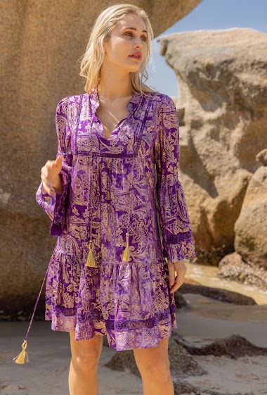 Wholesaler Last Queen - Mid-length dress printed with gold effect, flared sleeves