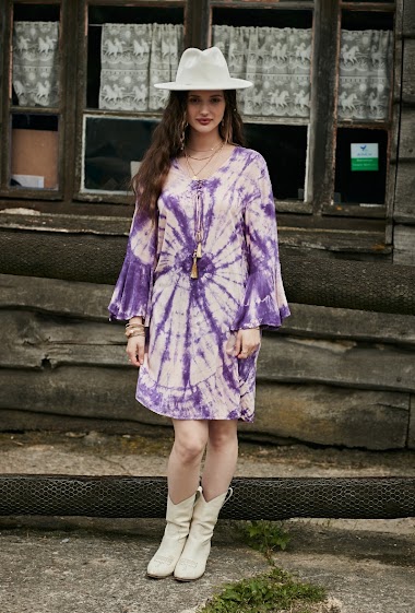 Wholesaler Last Queen - Mid-length tie-dye dress, strappy V-neck, flared sleeves